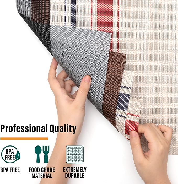 Winknowl Placemats, Set of 8 Heat Resistant Stain Resistant Non-Slip Woven Vinyl Insulation Placemats, Washable Durable Elegant Table Mats for Dining (Black)