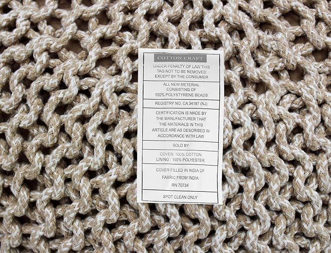 COTTON CRAFT Round Pouf - Hand Knitted Tweed Cable Dori Pouf Ottoman - Cotton Braid Cord Foot Stool Footrest Accent Seat Furniture Bean Bag - Family Room Kids Nursery Dorm - 20x14 - Natural