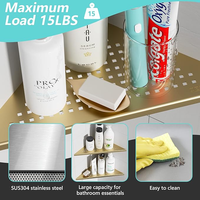 2 Pack Bathroom Corner Shelf, Recessed 12" Corner Shower Shelf, SUS304 Stainless Steel Triangular Wall Mount, No Drilling, Brushed Golden
