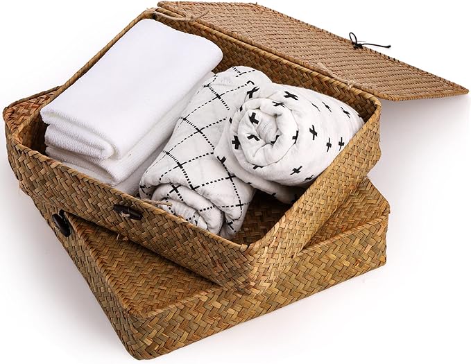 Elsjoy 2 Pack Seagrass Baskets with Lid, Wicker Storage Baskets Flat Rattan Storage Bins, Woven Organizer Baskets for Shelf, Closet, Bedroom