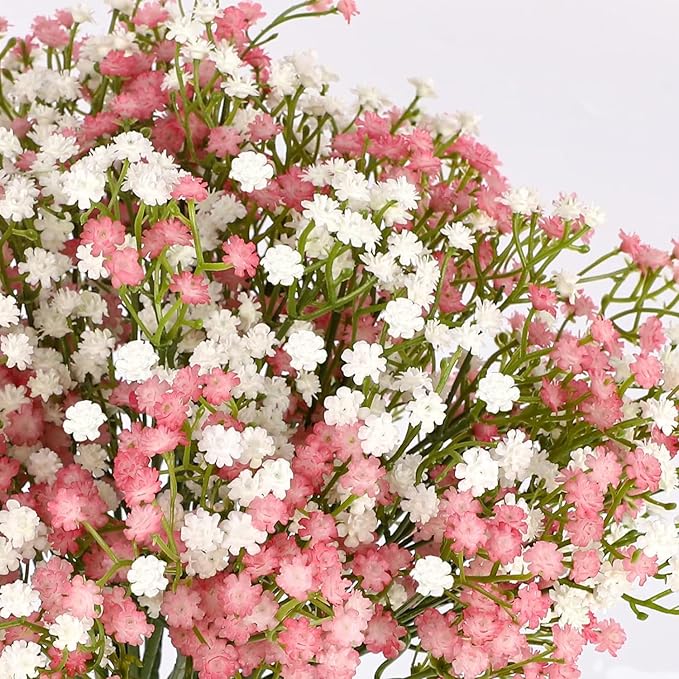 N&T NIETING Babys Breath Artificial Flowers Bulk, 15Pcs Fake Gypsophila Bouquet Flowers Real Touch Faux Babies Breath Arrangement for Wedding Floral Party Home Centerpieces Vase Decoration, Pink White