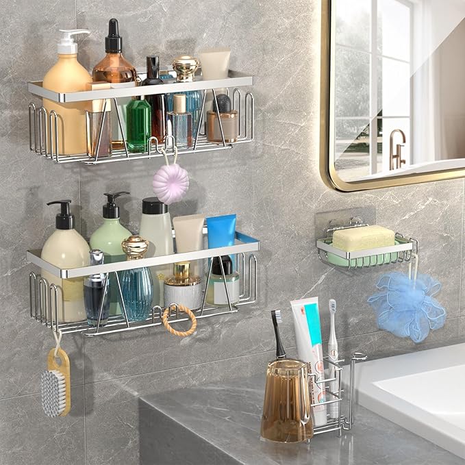 STEUGO Adhesive Shower Shelf, 5 Pack Shower Caddy with Soap Holder and Toothbrush Holder, Drill-Free Shower Shelves, Rustproof Stainless Steel Bathroom Shower Caddy,Silver