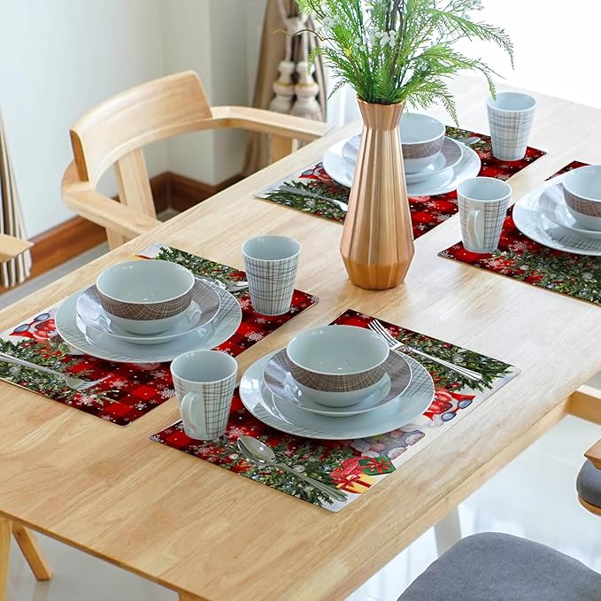 Giwawa Winter Gnomes Placemats Set of 4, Christmas Snowflakes Xmas Trees Linen Table Mats, Red Black Buffalo Plaids Non-Slip Place Mats for Kitchen Dining Holiday Decor, 12x18 Inch