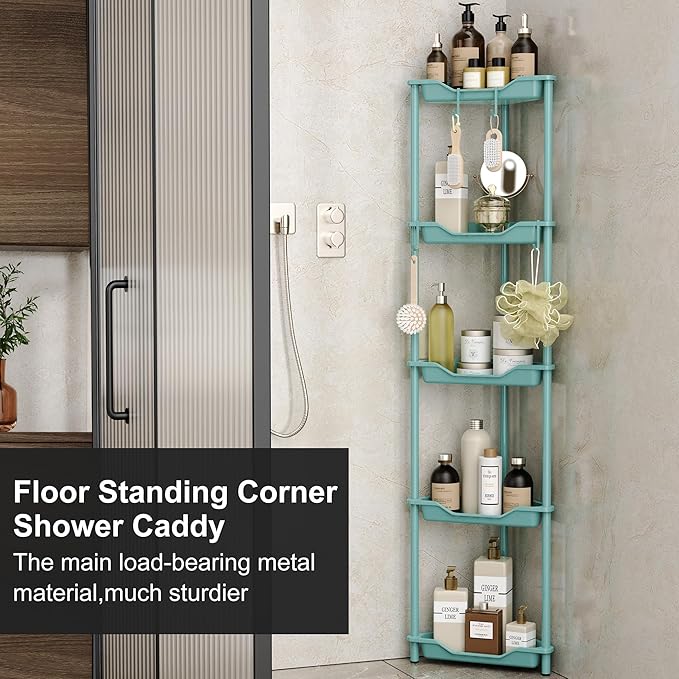Orimade Rustproof 5 Tier Floor Standing Corner Shower Caddy Organizer, Plastic Metal Splicing Floor Corner Shelf Rack Stands for Bathroom, Blue