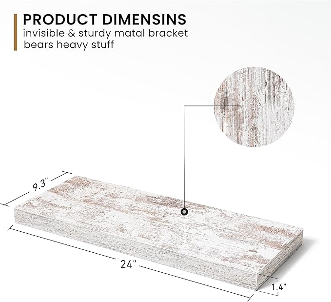 Fun Memories Deep Floating Shelves - 24" W x 9" D x 1.6" H Rustic Black Wall Shelf - Wall Mounted Shelves for Storage - Wooden Shelves with Invisible Brackets for Living Room, Farmhouse - Set of 2