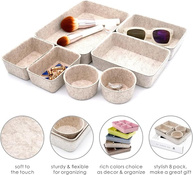 Welaxy Drawer organizers Felt storage bins office Desk Draw dividers wabi-sabi Nordic Natural Scandinavian-chic style beige hygge design catchall tray 7-Piece back to school (Oatmeal)