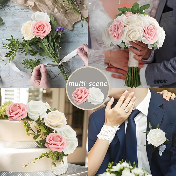 200PCS Artificial Flowers Champagne Mixed Series Roses Real Looking Foam Fake Roses with Leaves for DIY Wedding Bouquets Bridal Shower Centerpieces Party Decorations