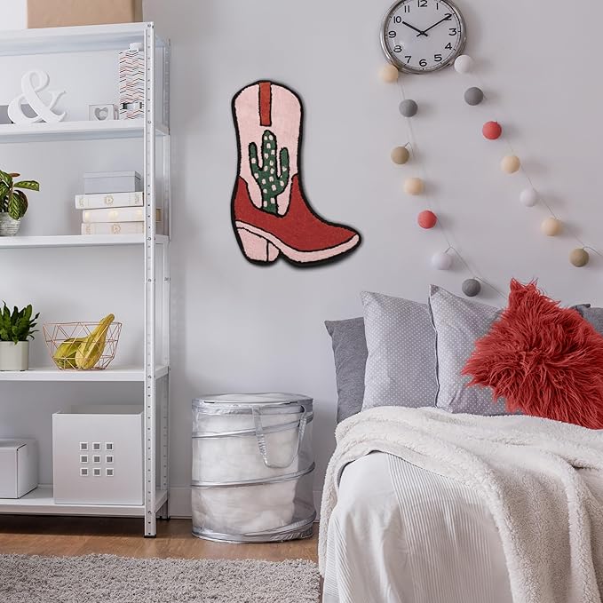 Cowboy Boot Bath Mat - Western Boot Shaped Rug with Pink, Rust, and Green Cactus Design - Water Absorbent (Boot Bath Mat 2 Pack)