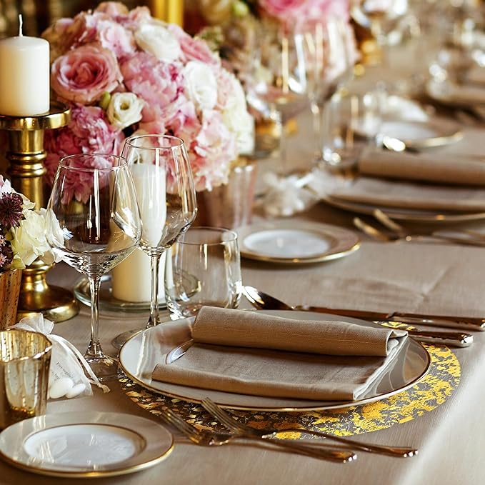 50 Pack Disposable Gold Placemats 13 inch Metallic Round Gold Foil Place Mat Mesh Pressed Table Mates Table Runner Decoration for Weddings Parties Home Dinners Table Tablecloths Decor