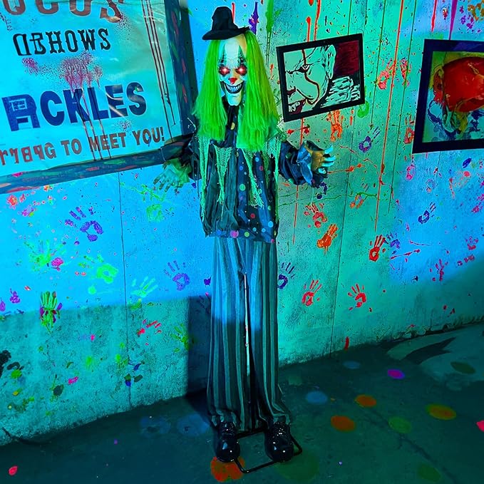 Haunted Hill Farm Lifesize Animatronic Scary Talking Clown with Touch Activated Lights and Sound, Battery-Operated Indoor or Covered Outdoor Halloween Decoration