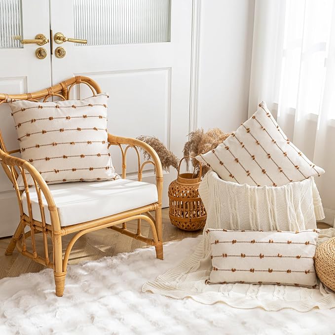 Boho Throw Pillow Covers 12x20 Set of 2 Modern Farmhouse Decorative Cushion Case Tufted Square Pillows Cover Neutral Pillow Cases Accent Pillowcase for Sofa,Couch,Bed,Beige and Brown