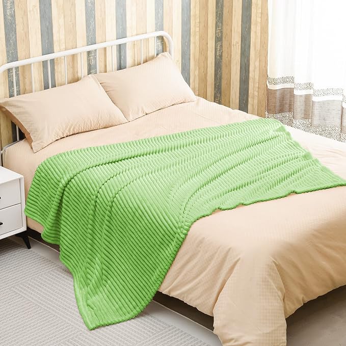 Bnuitland Light Green Flannel Throw Blanket (60X80 inches) with Storage Pouch,300GSM Super Soft Fleece Stripe Pattern Sofa Blanket for Adults, Lightweight Cozy Bed Throw for Home Decor All Season