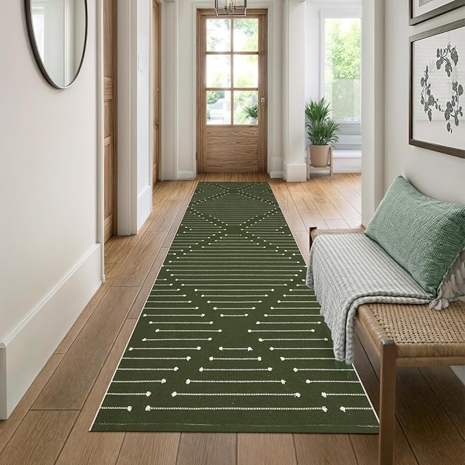 LIVEBOX Green Runner Rug for Kitchen, 2'x8' Boho Washable Rug Runner for Hallway,Moroccan Cotton Long Entryway Area Rug Indoor Carpet for Bedroom Laundry Doorway Entry