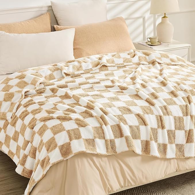 EMME Checkered Blanket Twin Size - 60"x80" Beige Knit Blanket Soft Fluffy Patterned Throw Blankets for Couch, Sofa, Chair, Bed, Camping, Picnic, Travel