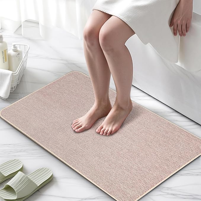 Upgraded Thin Bathroom Rugs, Bath Mat Super Absorbent, Bath Rugs Rubber Backing Non-Slip, Quick Dry Machine Washable, Cozy Cloth Bathroom Mat fit Under Door/Sink/ Bathtub/Shower/Kids 20''x24''-Biege