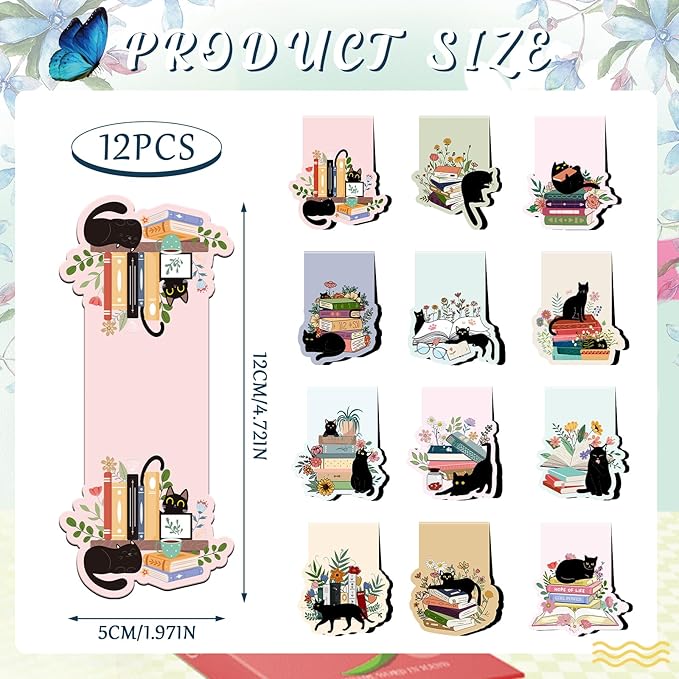 Black Cat Floral Magnetic Bookmarks - Wxiben 12 Pcs Black Cat Book Mark Magnets Cute Cartoon Cats Magnets Bookmark Page Clip Gift for Book Lovers Students Teen Teacher Office School Reading Cats Lover