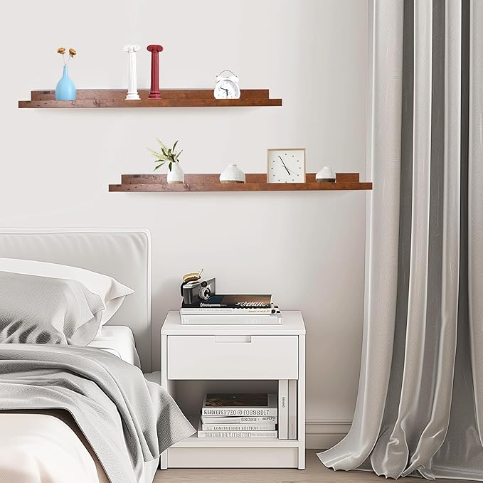 Muzilife 35.4" Large Floating Wall Ledge Shelves with Lip - Set of 2 Rustic Wood Floating Shelves - Honey Brown Wall Mounted Picture Ledge for Office, Bathroom, Bedroom, Living Room, Kitchen