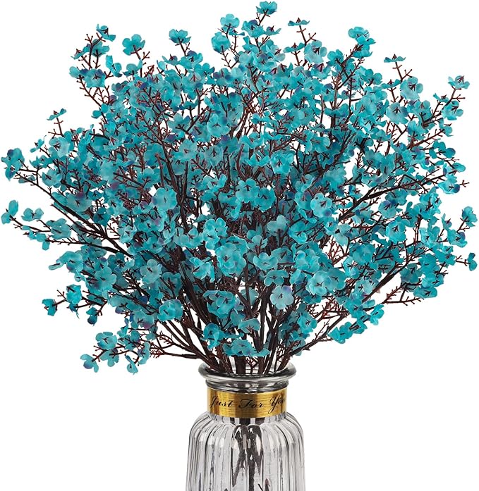 8Pcs Babys Breath Artificial Flowers Silk,Real Touch Peacock Blue Bouquets Flowers for Vase Home Office Wedding Spring Winter Indoor Outdoor Centerpiece Table Decorations