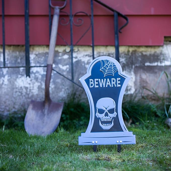 3-D Metal Halloween Ghost Cemetery XL 17" Tombstone w Stakes -BEWARE- Durable, Rustproof, UV Raised Printing- Upgrade Your Haunted House Mansion w Cemetary Lawn Decor- No More Flimsy Foam Graveyards