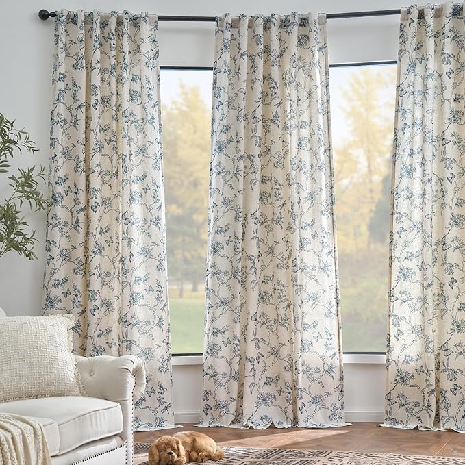 Lazzzy Farmhouse Linen Blue Floral Curtains 96 Inch Long Back Tab Drapes for Living Room Bedroom Light Filtering Country Vintage Rod Pocket, 2 Panels, Blue on Beige