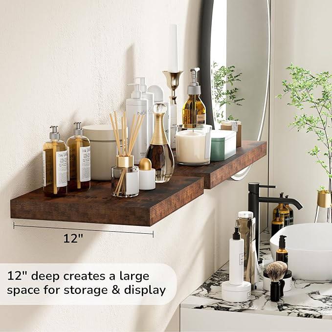 Fun Memories Floating Shelves - 2 Pack 12 Inch Deep Rustic Wooden Wall Shelves - Extra Deeper & Thicker Wall Mounted Storage Shelf for Living Room, Kitchen, Farmhouse - 16" W x 12" D x 1.5" H - Brown