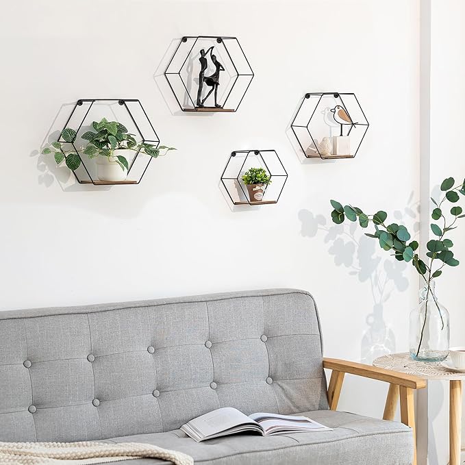 Hexagon Shelves Black for Wall - Metal Wood Floating Honeycomb Shelf - Hanging Planter Shelves for Living Room Bedroom Bathroom Set of 4