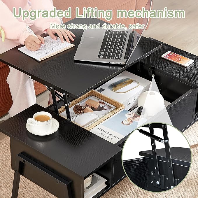 VECELO Wood Lift Top Coffee Table with Hidden Compartment and Storage Shelf for Living Room/Office Reception, Rising Tabletop, Black