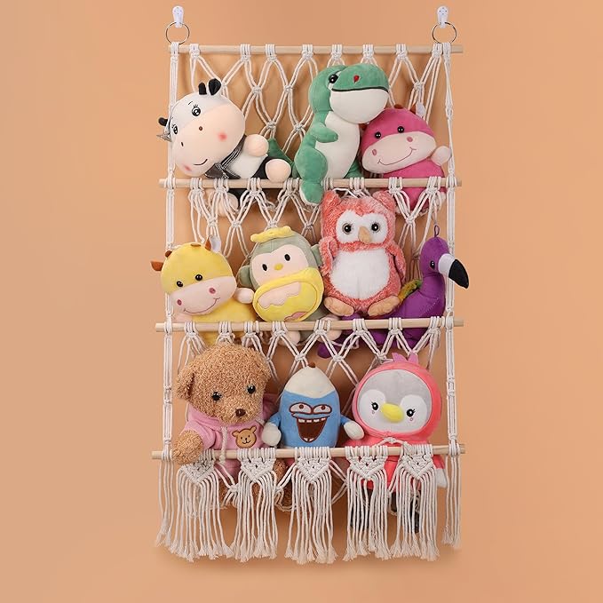 3 Tiers Plush Toy Organizer Hammock with Tassels, Stuffed Animals Net for Kid's, Nursery Boho Net Bag Storage Rack Bookshelf Hammocks Home Decor, 3 Layers, Beige
