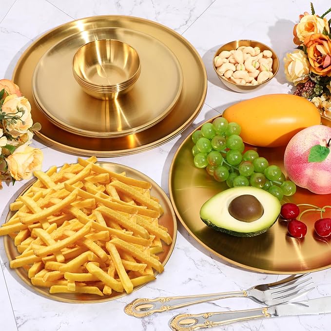 Layhit 18 Pcs Gold Stainless Steel Dinnerware Set 10'' Metal Gold Dinner Plates 8'' Thickened Dinner Dishes 3.5'' Sauce Bowls Stackable Dishware for Kitchen BBQ Party Picnic, Service for 6