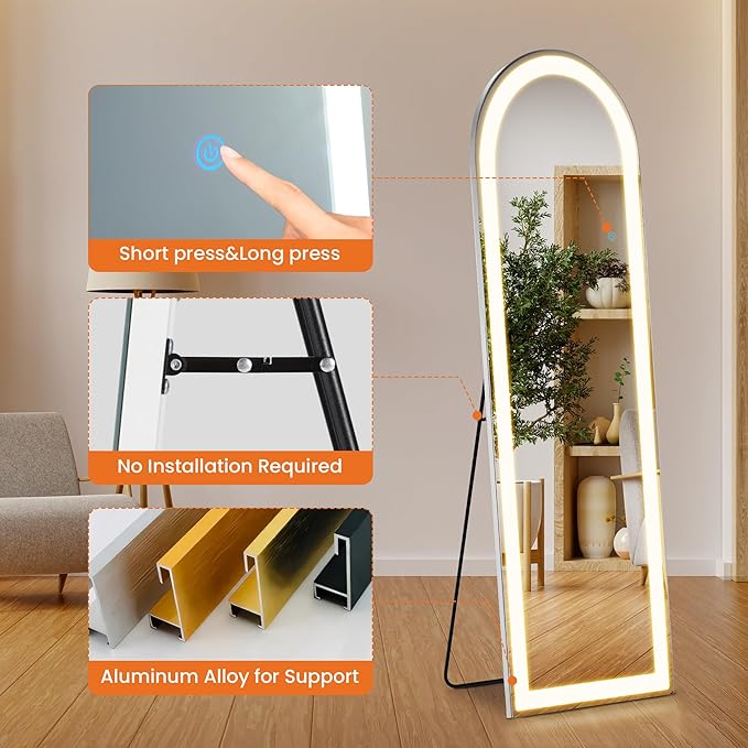 Arched Full Length Mirror with LED Lights, 60"x16" LED Floor Mirror with Stand, Body Floor Mirrors with Dimming & 3 Color Lighting, Wall Mounted LED Mirrors for Bedroom, Dressing Room, Cloakroom