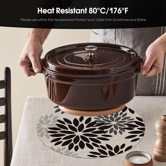 Artoid Mode Black Dahlia Plastic Round Placemats Set of 4, 14 Inch Seasonal Wipeable Woven Vinyl Table Mats for Farmhouse Party Kitchen Dining Decor