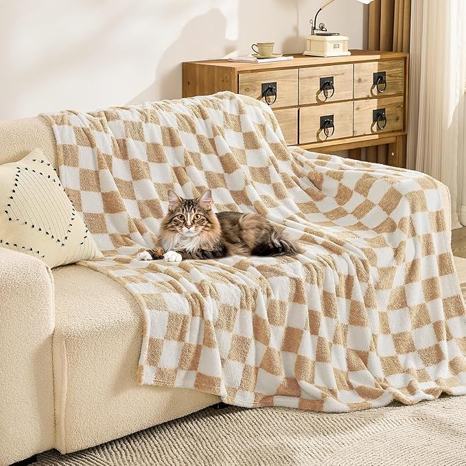 EMME Checkered Blanket Twin Size - 60"x80" Beige Knit Blanket Soft Fluffy Patterned Throw Blankets for Couch, Sofa, Chair, Bed, Camping, Picnic, Travel