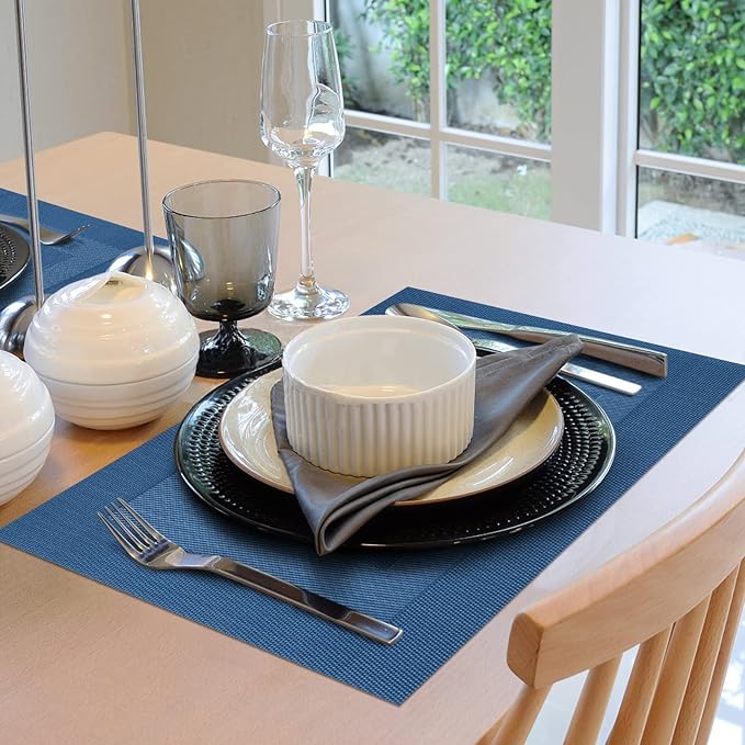 Winknowl Placemats, Set of 4 Heat Resistant Stain Resistant Woven Vinyl Insulation Place mats, Durable Washable Elegant Table Mats for Dining (Navy Blue)
