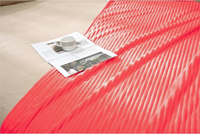 Vessia Flannel Fleece Twin Blanket for Couch,Sofa,Bed, 300GSM Striped 60x80 inch Red Blanket for Adults and Kids, Super Soft Warm Cozy Lightweight Ribbed Decor for All-Season