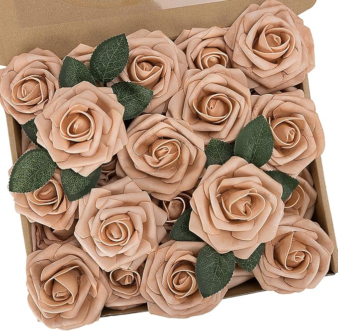 N&T NIETING Artificial Flowers, 25pcs Foam Roses Fake Flowers for DIY Wedding Bouquet Party Baby Shower Decoration, Home Display, Dusty Brown