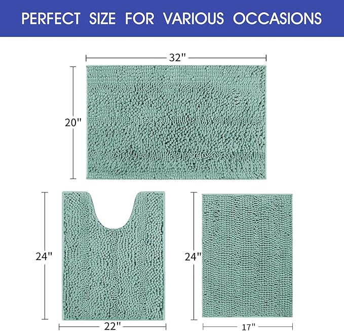 Striped Eggshell Blue Bathroom Rug Set 3 Pieces Ultra Soft, Non Slip Chenille Bath Carpet, Absorbent Plush Shaggy Bath Mats for Bathroom, Toilet, Bedroom, Kitchen