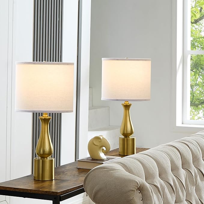 23" Modern Gold Lamps Set of 2 for Bedroom, Minimalist Gold Table Lamps for Living Room Set of 2, Small Gold Table Lamps for Nightstand Set of 2, with White Linen Drum Lampshade for Home Office