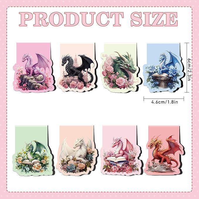 Cool Dragon Magnetic Bookmarks: 8Pcs Dragon with Wings Magnet Book Markers, Unique Floral Book Mark Clips Gift for Men, Gifts for Men Boys Kids Book Lovers Office School Supplies