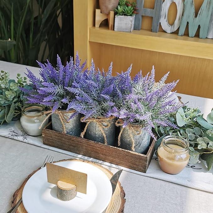 Set of 3 Small Potted Plants Arrangement Artificial Lavender Flower Plants in Rustic Galvanized Metal Pots with Decorative Wood Tray for Farmhouse Table Centerpiece Windowsill Country Indoor Decor