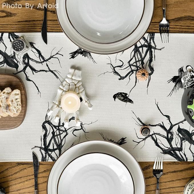 Artoid Mode Silhouette Tree Crows Branches Halloween Table Runner, Seasonal Fall Kitchen Dining Table Decoration for Home Party Decor 13x120 Inch