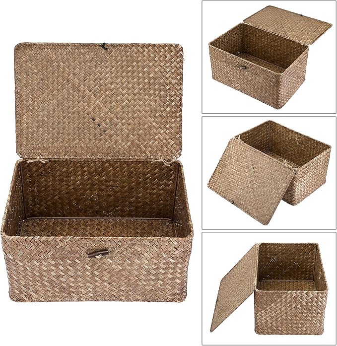 Hipiwe Wicker Shelf Baskets Bin with Lid, Handwoven Seagrass Basket Storage Bins Rectangular Household Basket Boxes for Shelf Wardrobe Home Organizer, Coffee Large
