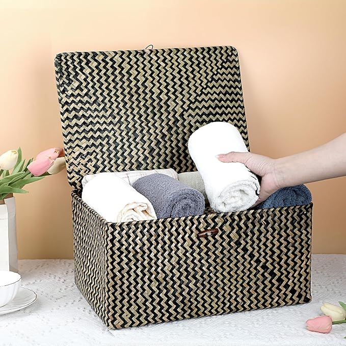 Hipiwe Wicker Shelf Baskets Bin with Lid, Handwoven Seagrass Basket Storage Bins Rectangular Household Basket Boxes for Shelf Wardrobe Home Organizer, Black,X-Large