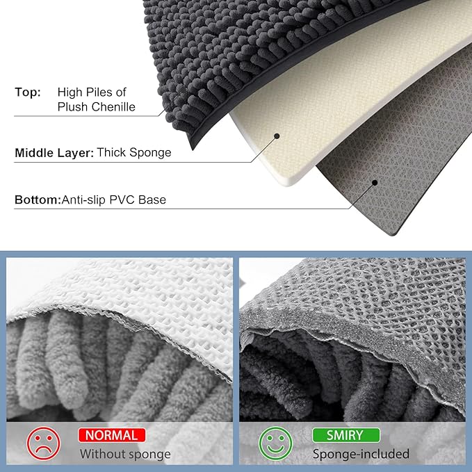 Smiry Luxury Chenille Toilet Rugs U-Shaped 24x24, Soft Absorbent Non-Slip Contour Bathroom Rugs for Toilet, Machine Washable Contoured Bath Mats, Charcoal Grey