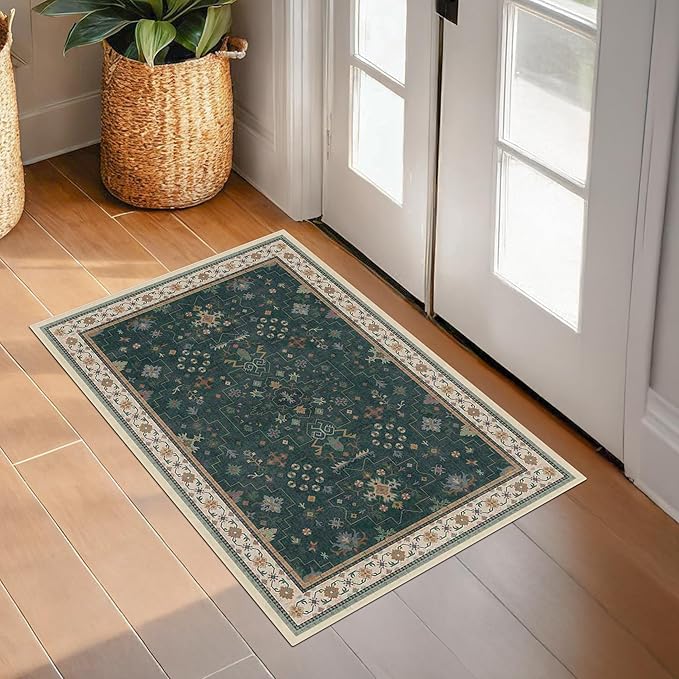 Dark Green Oushak 2x4 Entryway Rug - Modern Vintage Boho Eclectic Floral Pastel, Washable Low Pile Non-Slip Small Throw Area Rugs for Door Mat Indoor Entrance, Kitchen, Bathroom, Bedroom, Laundry