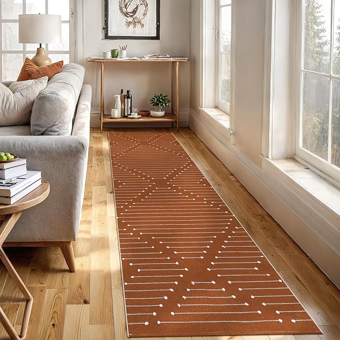 LIVEBOX Burnt Orange Runner Rug for Kitchen, 2'x8' Boho Washable Rug Runner for Hallway,Moroccan Cotton Long Entryway Area Rug Indoor Carpet for Bedroom Laundry Doorway Entry