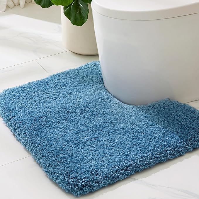 ILANGO Blue Toilet Rugs U Shaped 22" × 24" Non Slip & Super Absorbent Extra Thick Soft, Washable Bath Mats for Bathroom Floor, Microfiber Plush Shaggy Contour Bath Rugs for Toilet,Dry Quick