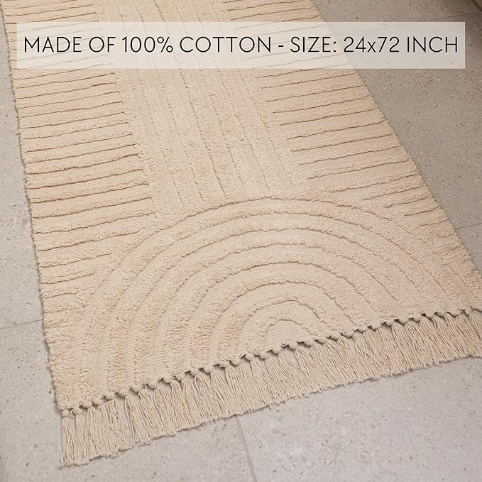 Beautiful 2x6 ft. Boho Runner Rug with Tassels for Your Hallway, Bedroom Or Living Room - Soft Cotton Carpet Fits Perfectly in Any Kitchen/Dining Space - Washable Rug Enhances Any Home Decor