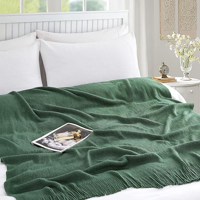 Homiest Decorative Knitted Throw Blanket with Fringe Soft & Cozy Tassel Blanket for Couch Sofa Bed (Dark Green, 50x60)