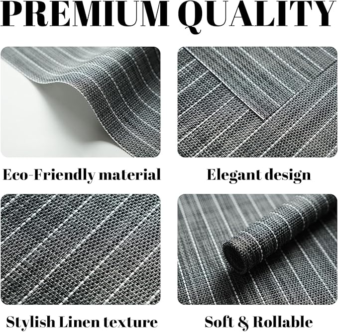 Placemats Set of 6 Vinyl/Plastic Woven Place Mats for Kitchen Table Indoor/Outdoor Washable Placemat Wipeable Dining Table Mats (Black Stripes,6)