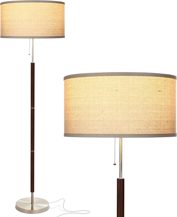 Brightech Carter LED Floor Lamp, Walnut Wood Finish, Mid-Century Modern Drum Shade for Living Room & Office Decor